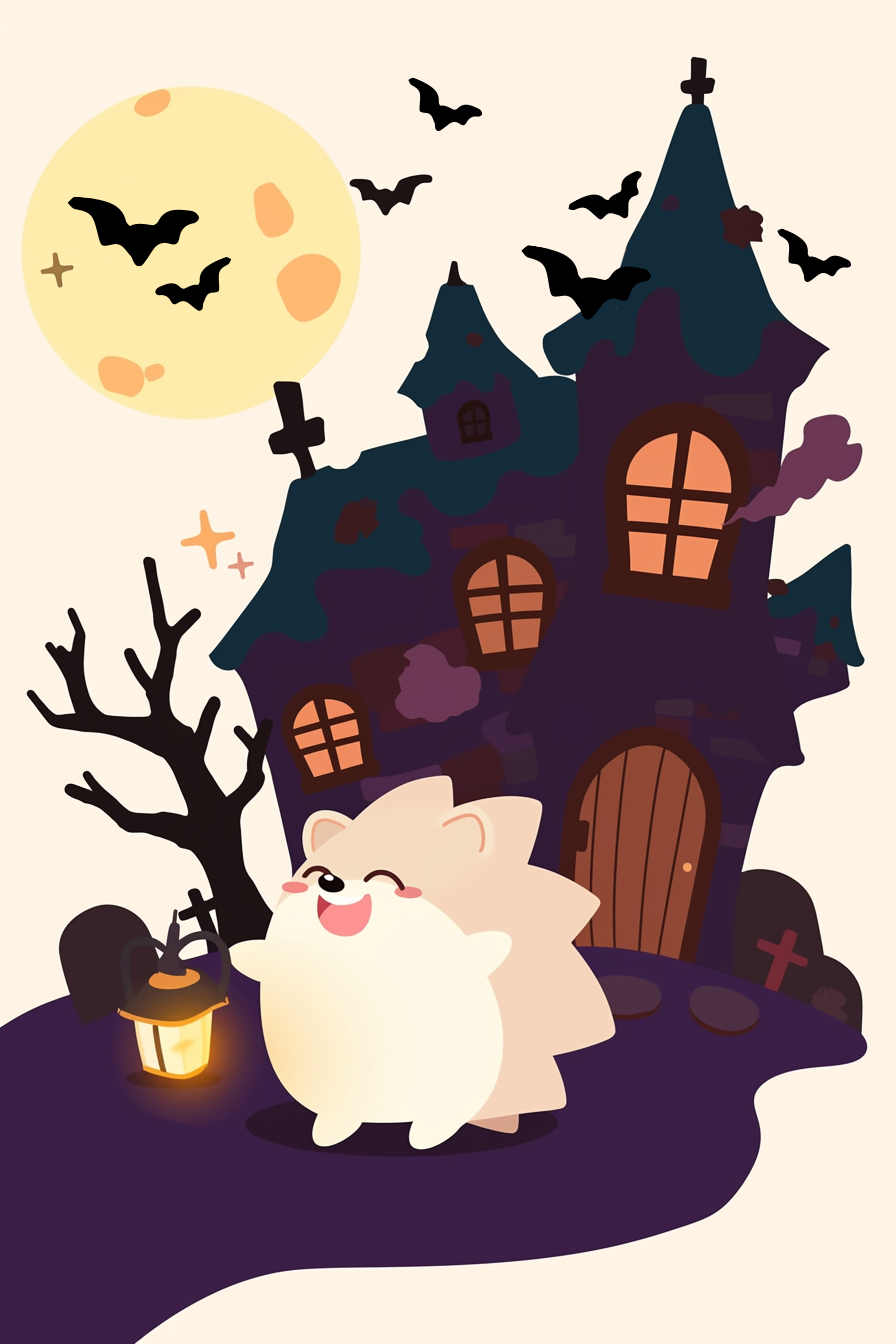 halloween cute animals drawings 2: A cute, fluffy hedgehog standing cheekily near a haunted house, clutching a lantern, under a full moon with bats flying around.